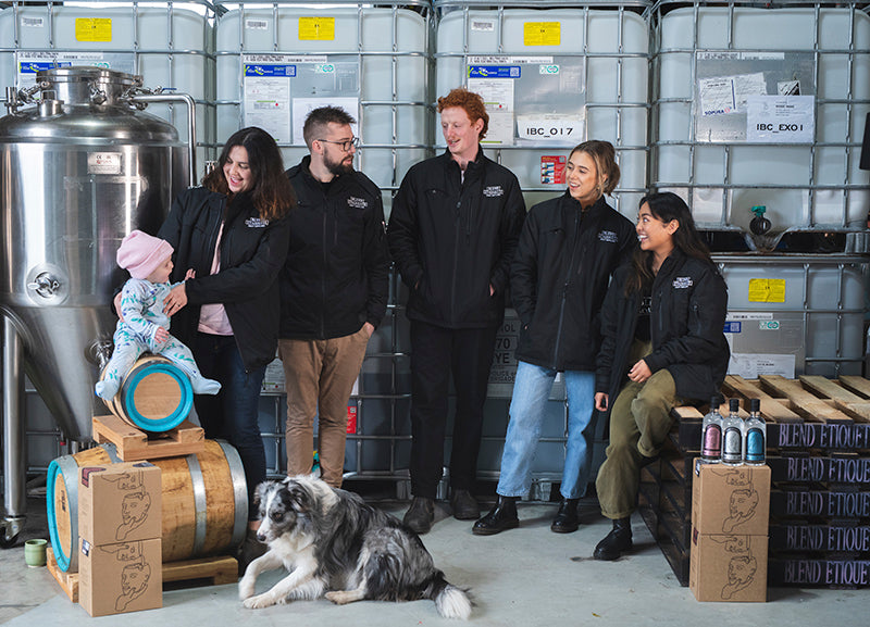 FROM LEFT: CHARLIE LARK (BABY), GEORDAN ELLISS, MURPHY (DOG), LINDON LARK, FRED MCCLURE, JULIA JAKACIC & KAT MERCADER